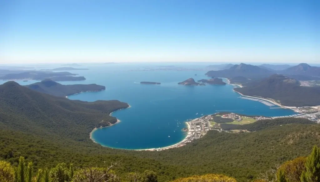 View from Gan Gan Lookout showing the expansive Port Stephens bay and surrounding landscape View from Gan Gan Lookout showing the expansive Port Stephens bay and surrounding landscape