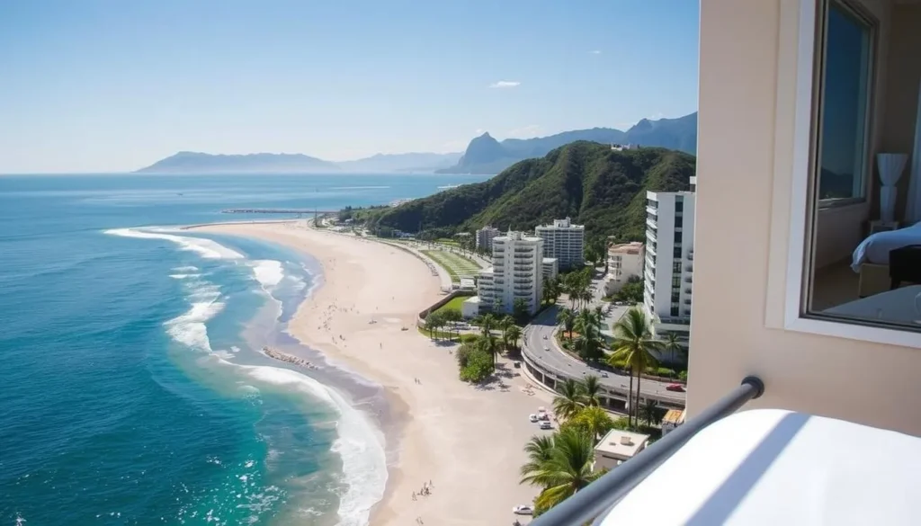 View from a hotel balcony overlooking Ipanema Beach and the Atlantic Ocean