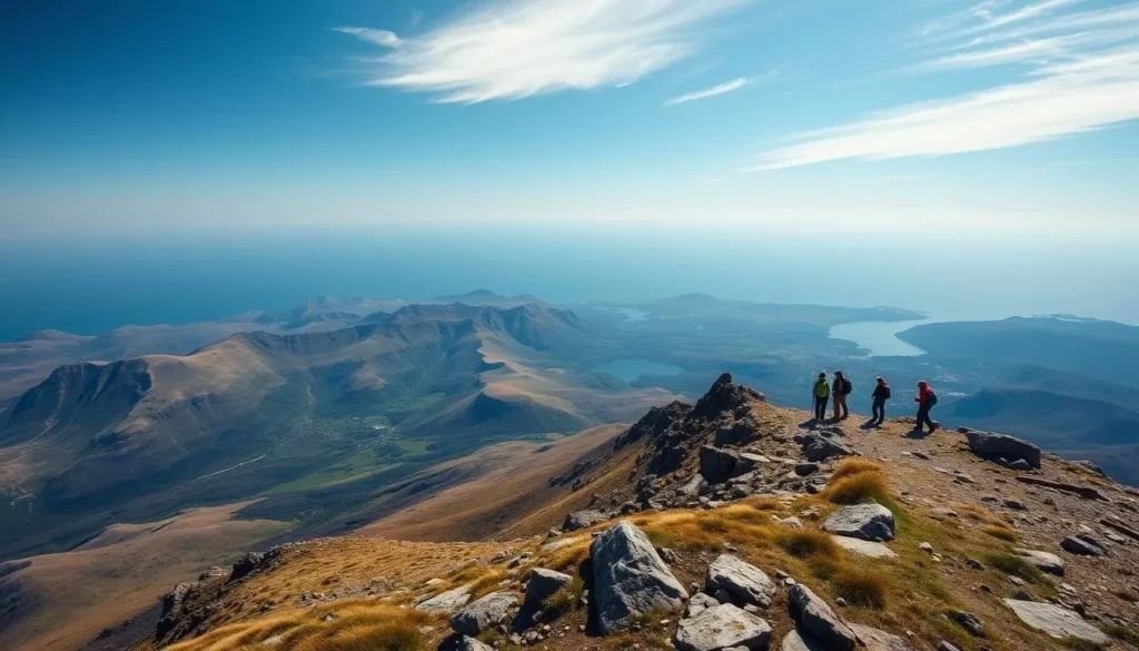 View from the summit of Goatfell mountain on the Isle of Arran showing panoramic views of the island View from the summit of Goatfell mountain on the Isle of Arran showing panoramic views of the island