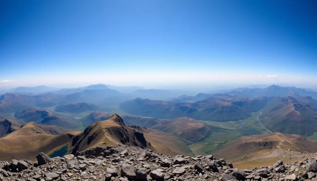 View from the summit of Yr Wyddfa (Snowdon) showing panoramic mountain vistas on a clear day