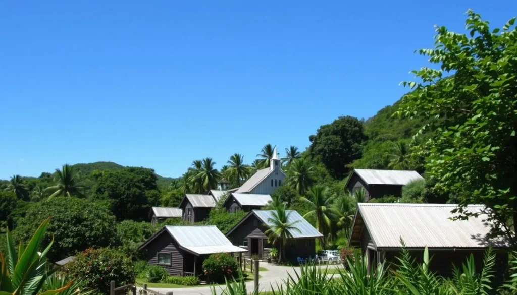 View of Adamstown, the only settlement on Pitcairn Island, with traditional houses nestled among tropical vegetation