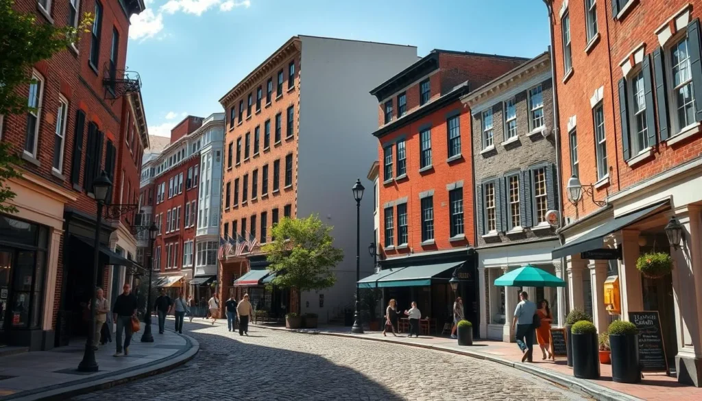 View of Georgetown's historic streets with shops and restaurants on a sunny day