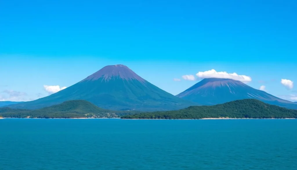 View of Ometepe Island showing both volcanoes rising from Lake Nicaragua