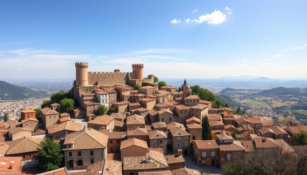View of San Marino's historic center with the Three Towers visible on the mountain ridge View of San Marino's historic center with the Three Towers visible on the mountain ridge