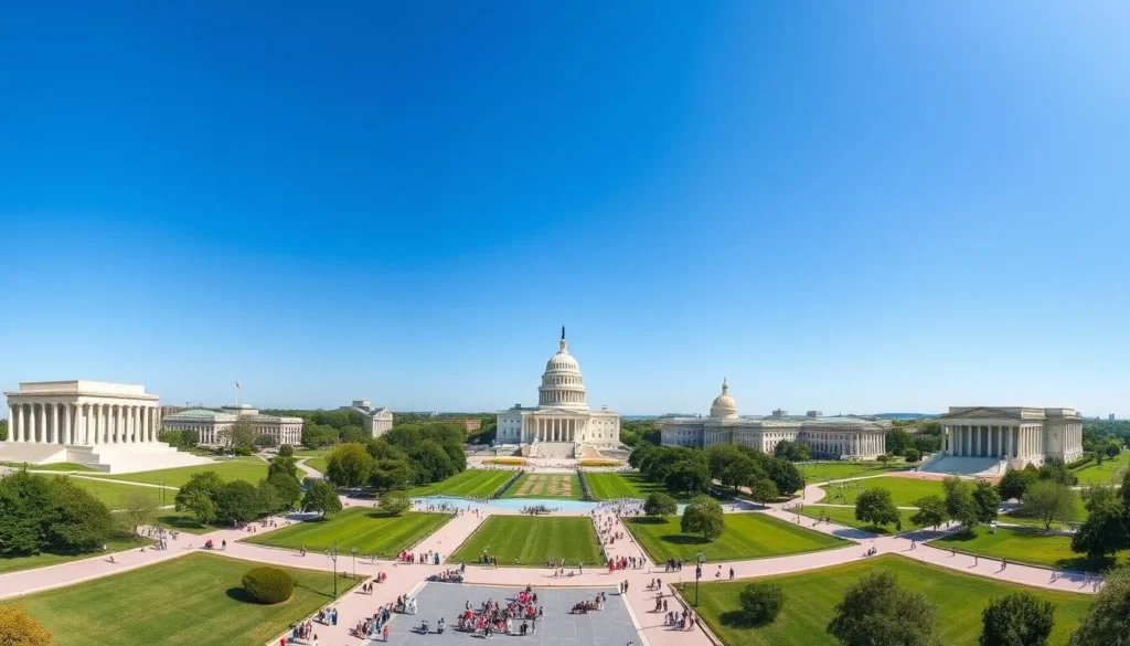 View of the National Mall in Washington DC with monuments and museums visible