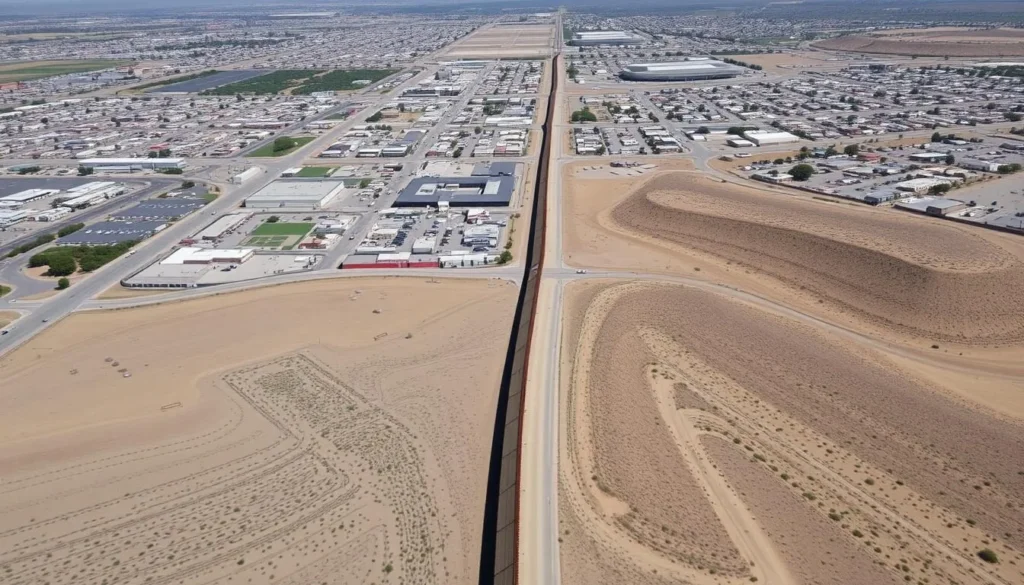View of the border fence separating Nogales Arizona from Nogales Sonora Mexico