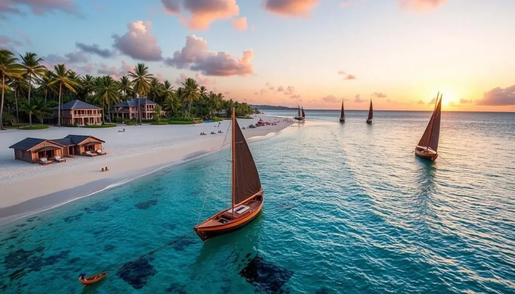 Vilanculos beach scene with luxury lodges and traditional dhows