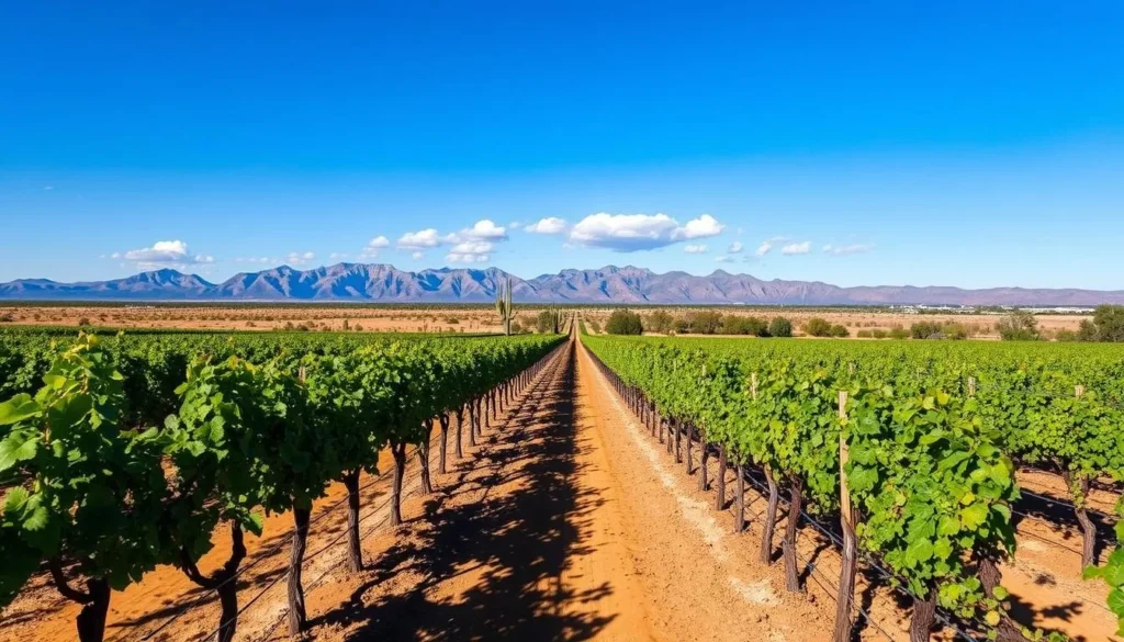 Vineyard in Arizona Wine Country near Nogales showing rows of grapevines with mountains in background