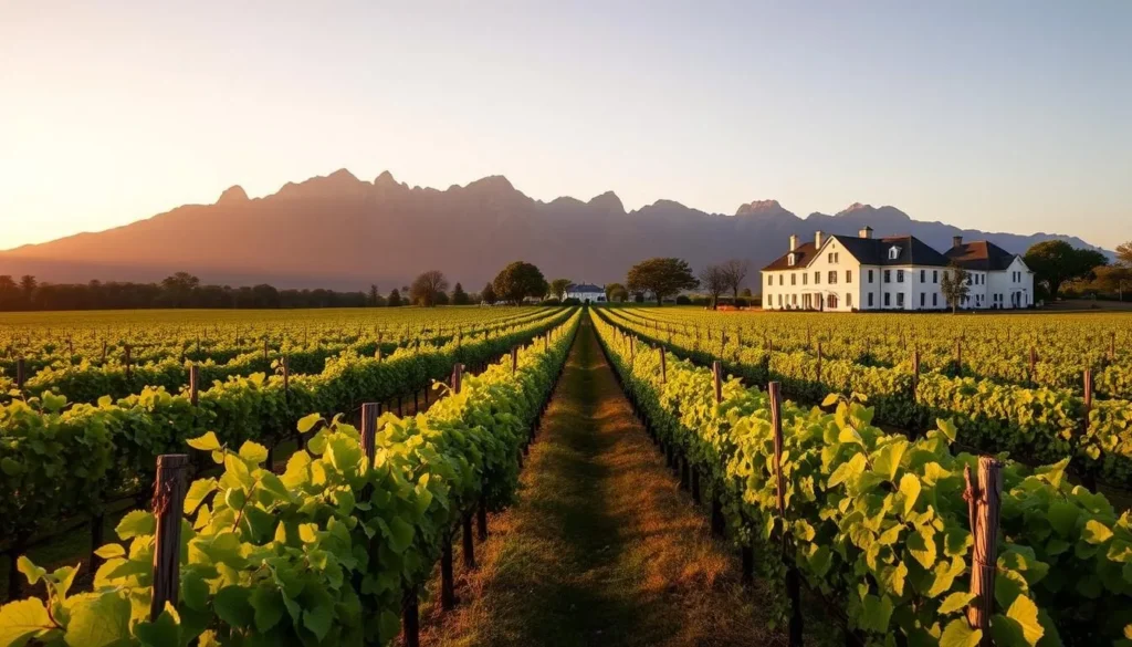 Vineyard in Stellenbosch with mountains in background, showcasing South Africa best things to do for wine lovers Vineyard in Stellenbosch with mountains in background, showcasing South Africa best things to do for wine lovers