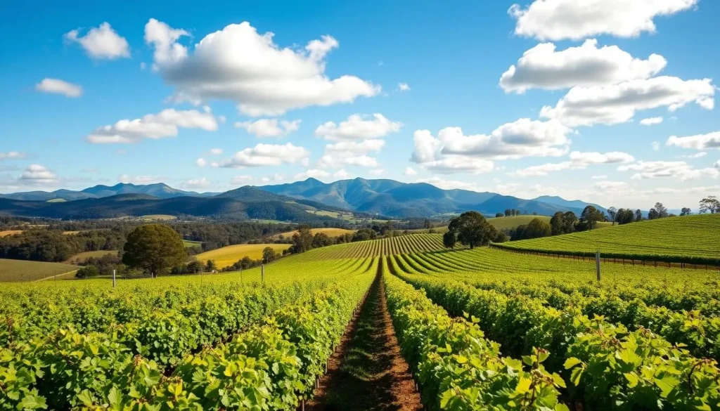 Vineyard rows in Hunter Valley with mountains in background