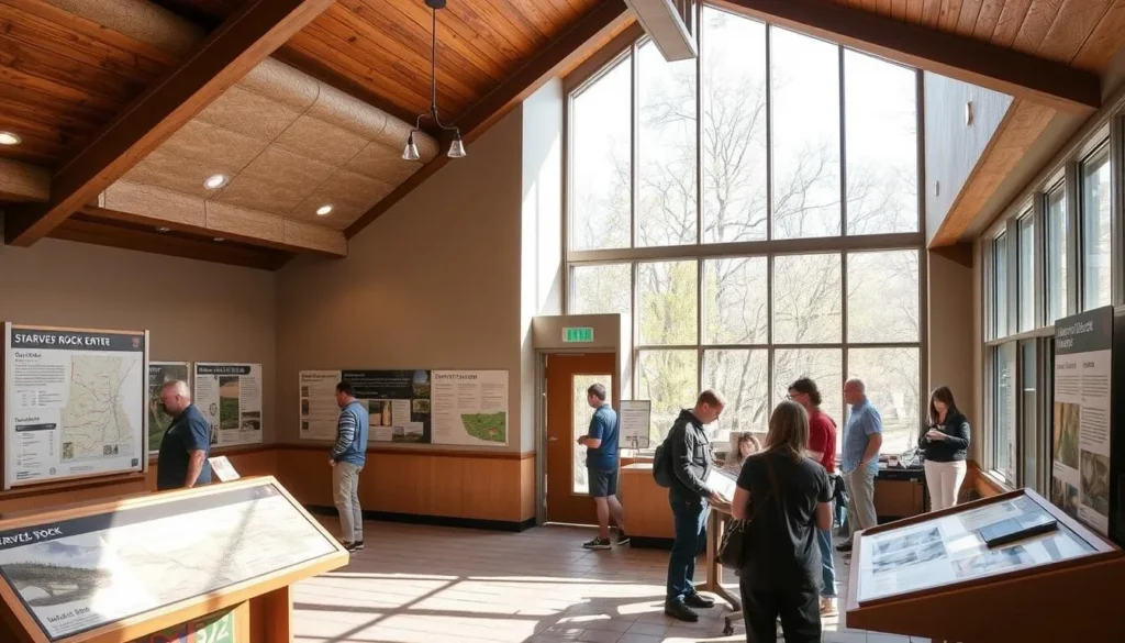 Visitor Center at Starved Rock State Park with information displays and helpful staff