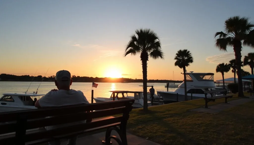 Visitor enjoying a relaxing sunset at Apalachicola's Riverfront Park with boats in the background Visitor enjoying a relaxing sunset at Apalachicola's Riverfront Park with boats in the background