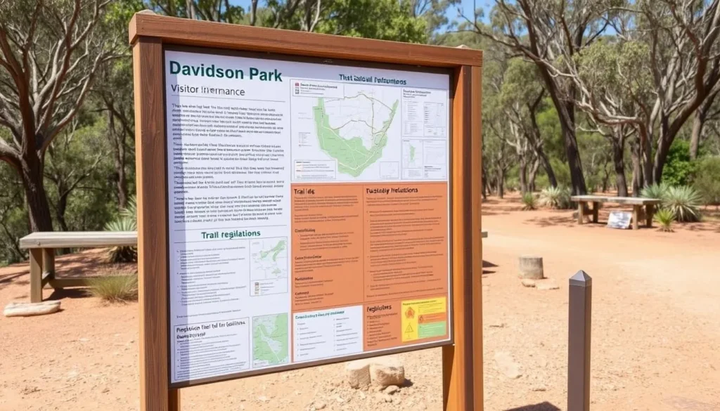 Visitor information board at Davidson Park entrance with park map and regulations Visitor information board at Davidson Park entrance with park map and regulations