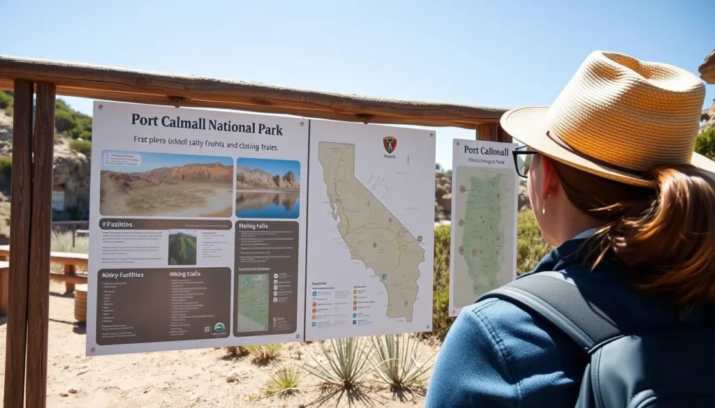 Visitor looking at information board at Port Campbell National Park entrance