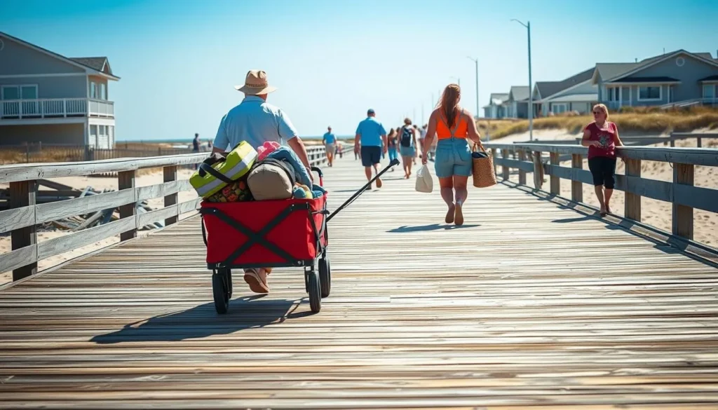 Visitor pulling a wagon with supplies along a Fire Island boardwalk Visitor pulling a wagon with supplies along a Fire Island boardwalk