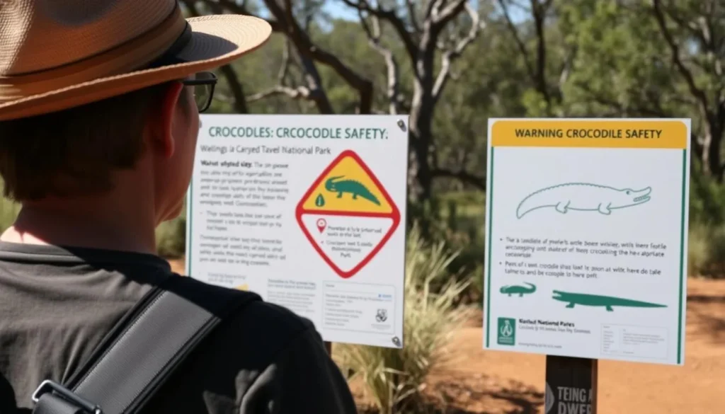 Visitor reading information sign about crocodile safety at Kakadu National Park Visitor reading information sign about crocodile safety at Kakadu National Park