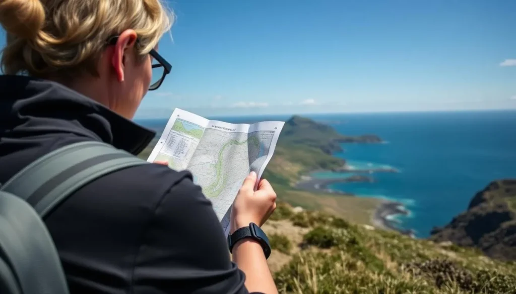 Visitor using a map while hiking on a coastal path on the Isle of Arran Visitor using a map while hiking on a coastal path on the Isle of Arran