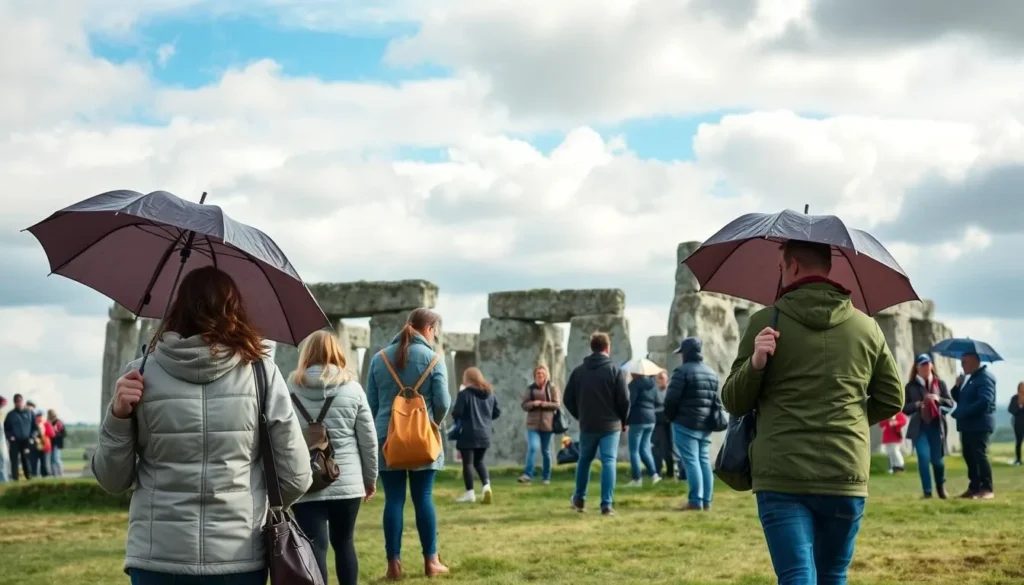 Visitors at Stonehenge during different weather conditions with appropriate clothing