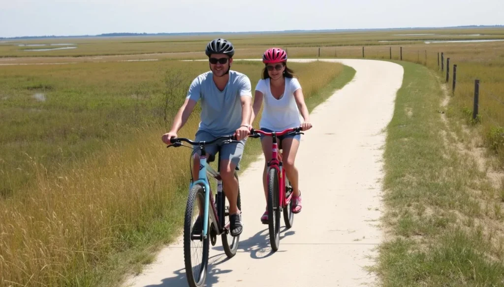 Visitors biking on a trail through Chincoteague National Wildlife Refuge Visitors biking on a trail through Chincoteague National Wildlife Refuge