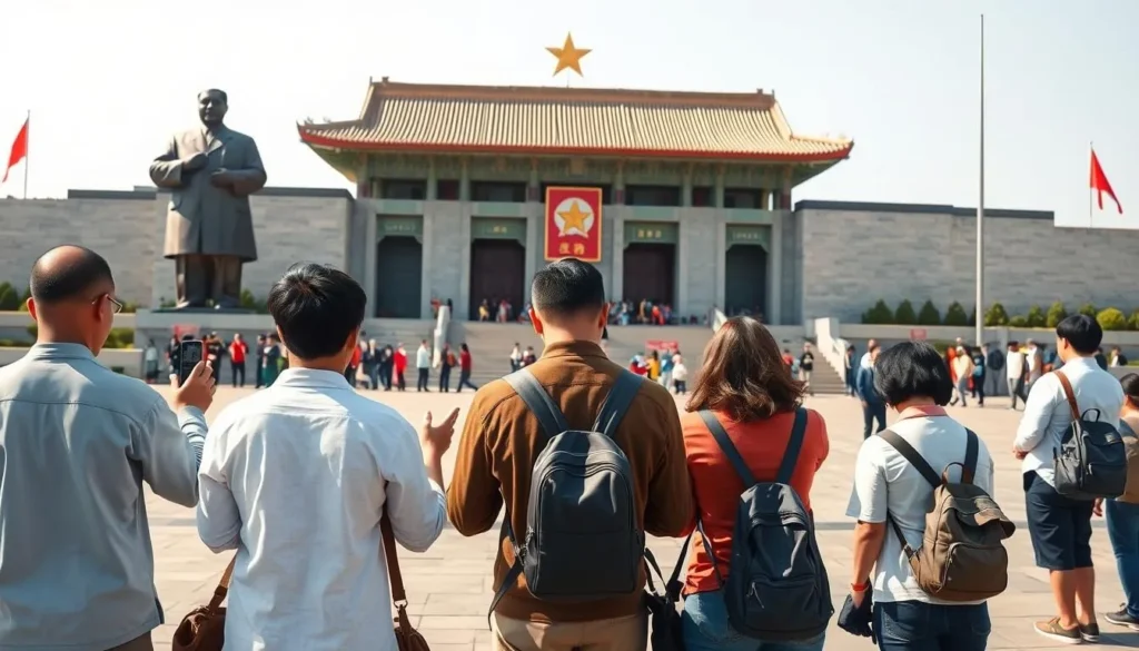 Visitors bowing respectfully at Mansudae Grand Monument, essential North Korea things to do