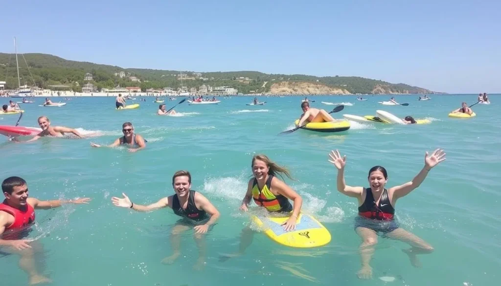 Visitors enjoying water sports at Cockleshell Bay