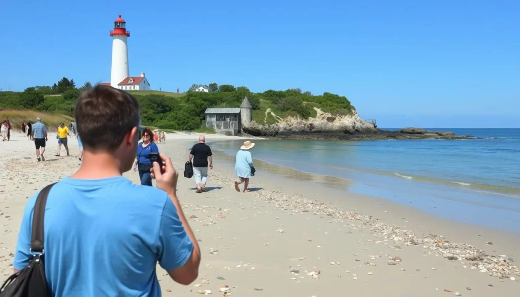 Visitors exploring Morris Island beach with lighthouse in background Visitors exploring Morris Island beach with lighthouse in background