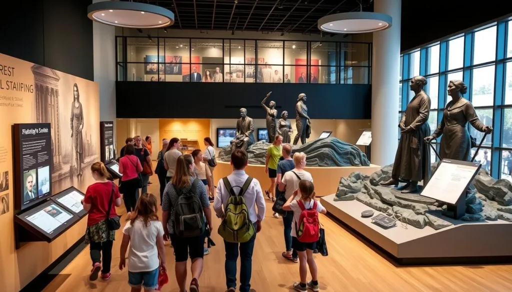 Visitors exploring exhibits at the Women's Rights National Historical Park Visitor Center in Seneca Falls