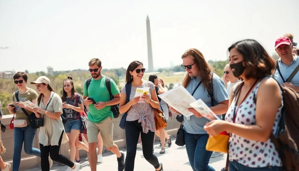 Visitors exploring the National Mall with park map and comfortable walking shoes Visitors exploring the National Mall with park map and comfortable walking shoes