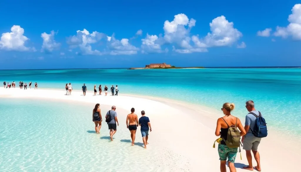 Visitors exploring the beach at Garden Key with Fort Jefferson in the background