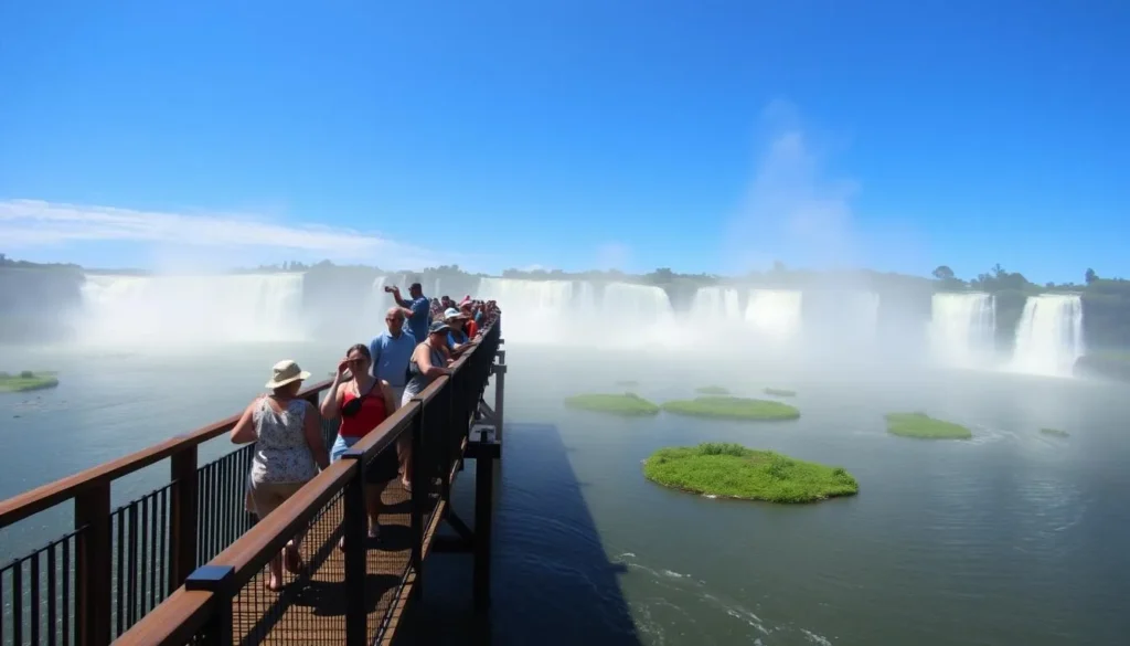 Visitors on the walkway approaching Devil's Throat at Iguazu Falls, Argentina