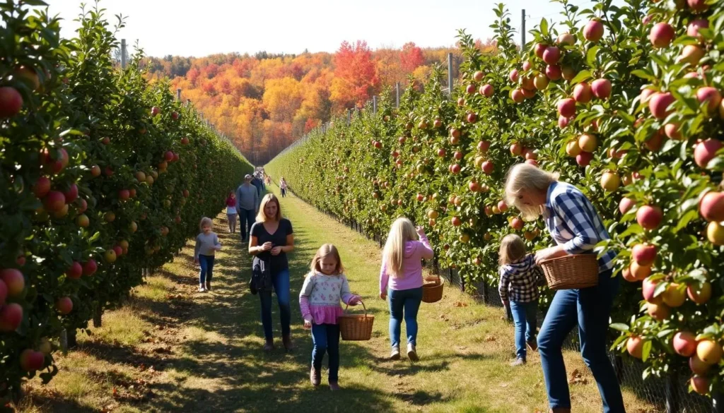 Visitors picking apples at Dondero Orchards in Glastonbury Connecticut during fall harvest season