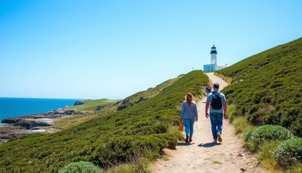 Visitors walking along a coastal path on St. Agnes Island with lighthouse in the background Visitors walking along a coastal path on St. Agnes Island with lighthouse in the background