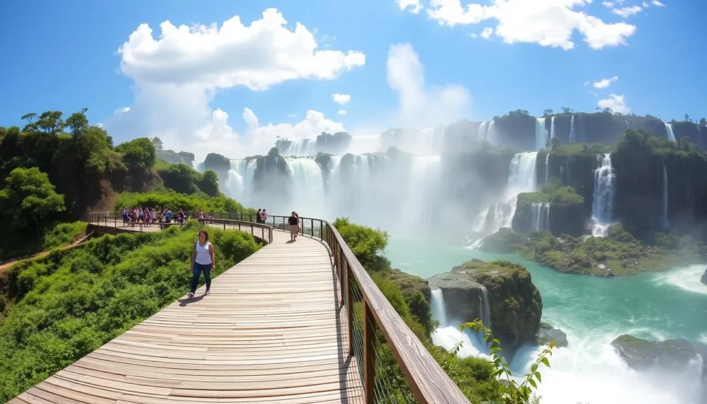 Walkway on Brazilian side of Iguaçu Falls with tourists enjoying panoramic views