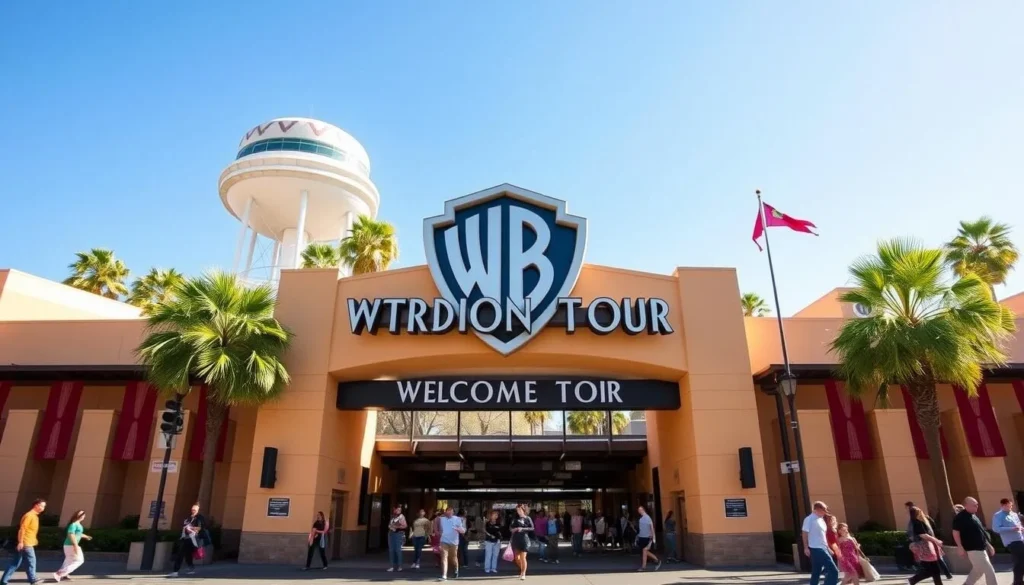 Warner Bros Studio Tour entrance with the famous water tower visible, a top attraction for Burbank, California things to do Warner Bros Studio Tour entrance with the famous water tower visible, a top attraction for Burbank, California things to do
