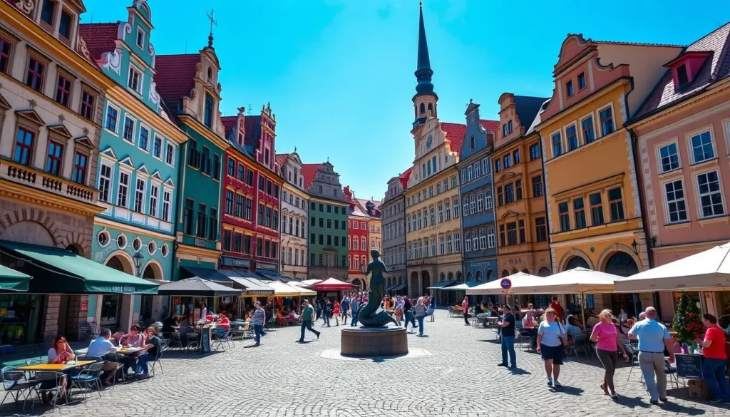 Warsaw Old Town Market Square with colorful buildings, outdoor cafes, and the mermaid statue