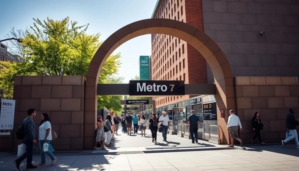 Washington DC Metro station entrance with people entering and exiting