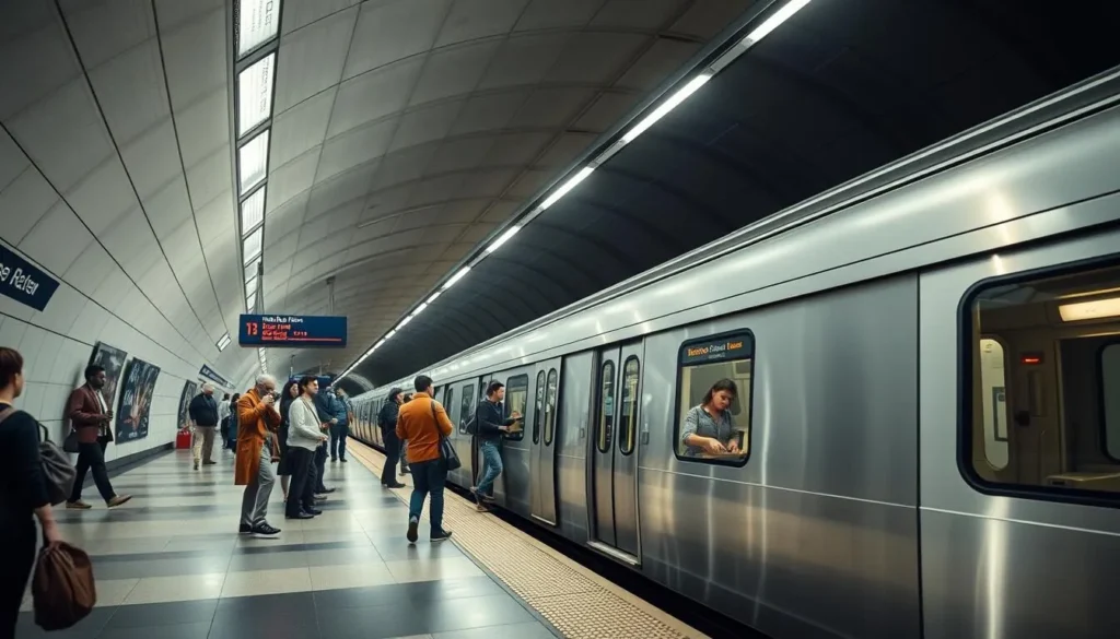Washington DC Metro station with a train arriving and passengers waiting on the platform