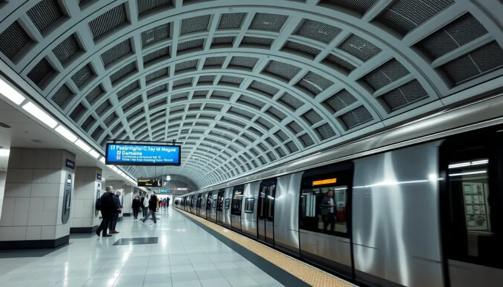 Washington DC Metro station with clean, modern architecture and a train arriving at the platform