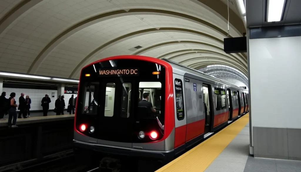 Washington DC Metro train arriving at a station with passengers waiting on the platform