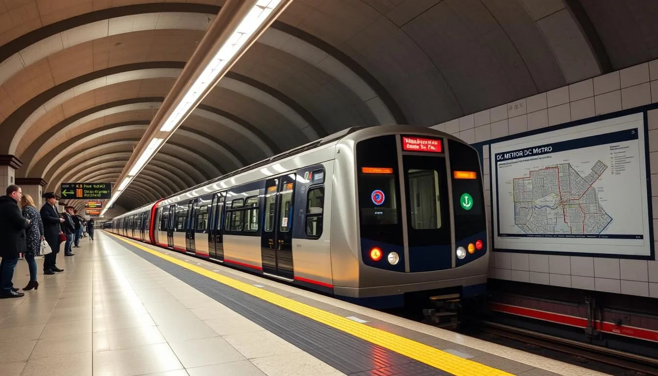 Washington DC Metro train arriving at a station with the Washington DC public transportation map visible on the platform