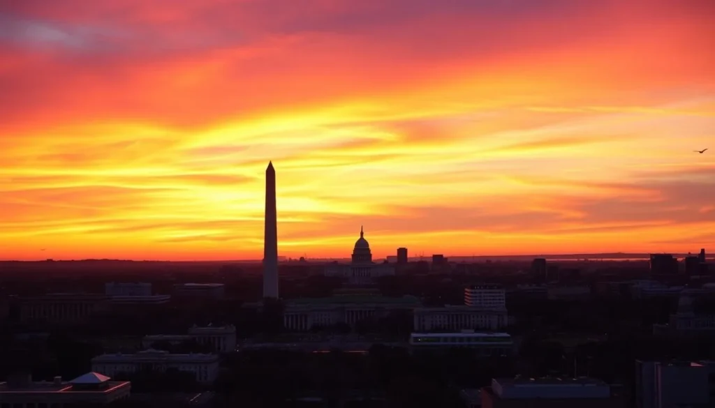 Washington DC cityscape with monuments at sunset
