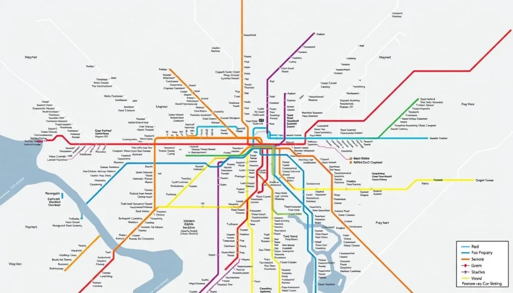 Washington DC public transportation map showing the Metro system's color-coded lines and stations