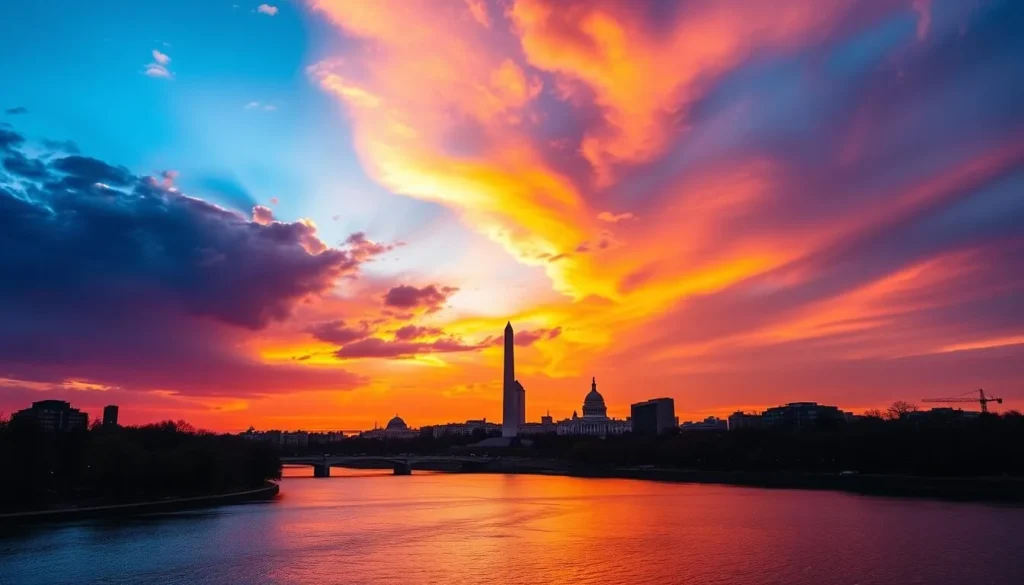 Washington DC skyline at sunset with monuments visible, representing the city's acclaimed dessert scene