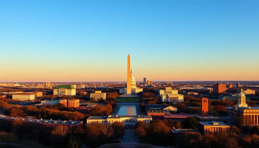 Washington DC skyline with monuments at sunset