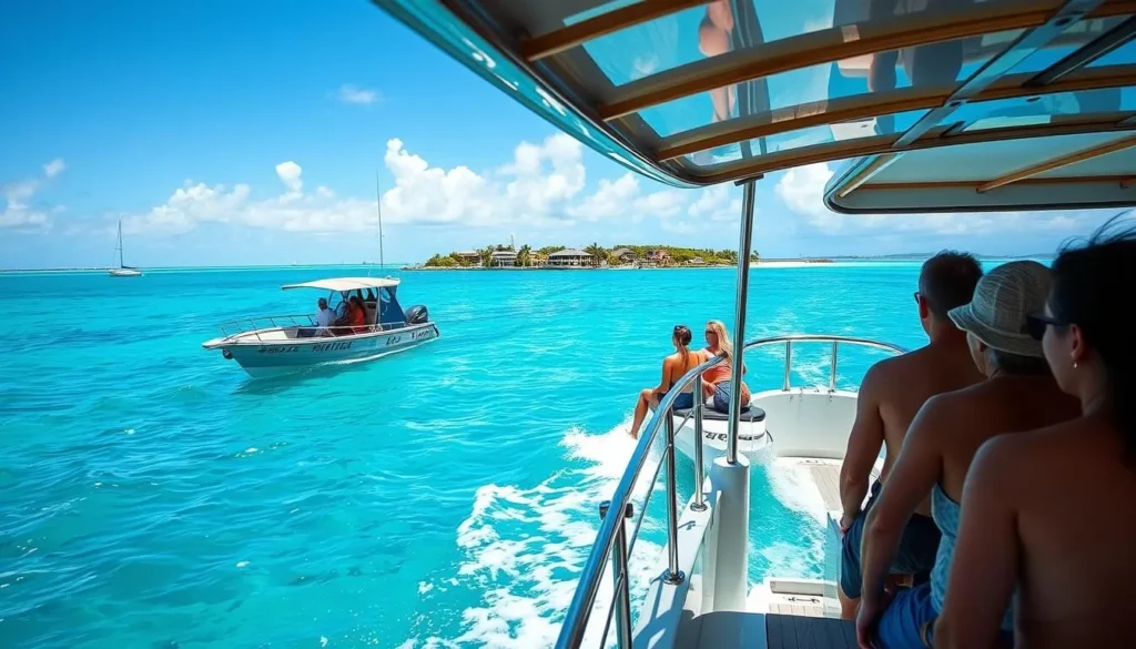 Water taxi approaching Harbour Island Bahamas with passengers