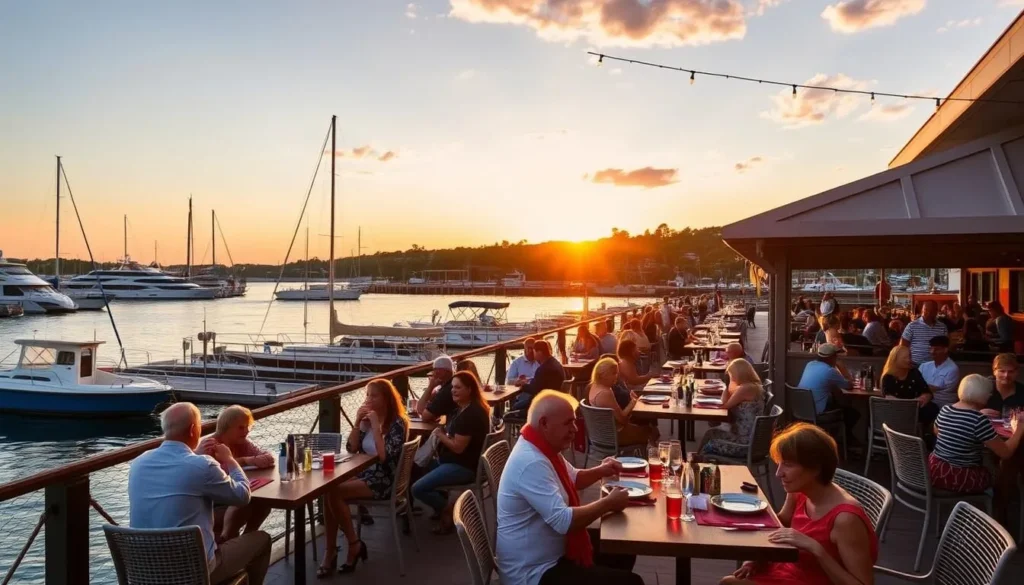 Waterfront dining at Honeysuckle precinct with harbor views at sunset