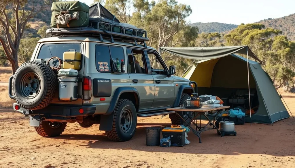 Well-prepared 4WD vehicle with camping gear at a Gawler Ranges National Park campsite