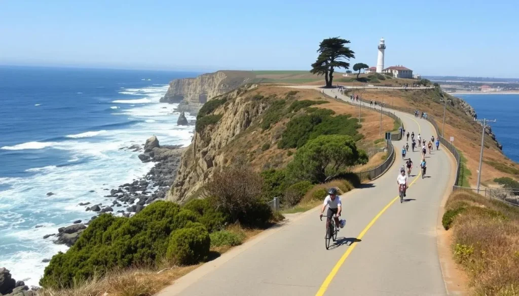 West Cliff Drive in Santa Cruz with cyclists and pedestrians enjoying ocean views West Cliff Drive in Santa Cruz with cyclists and pedestrians enjoying ocean views