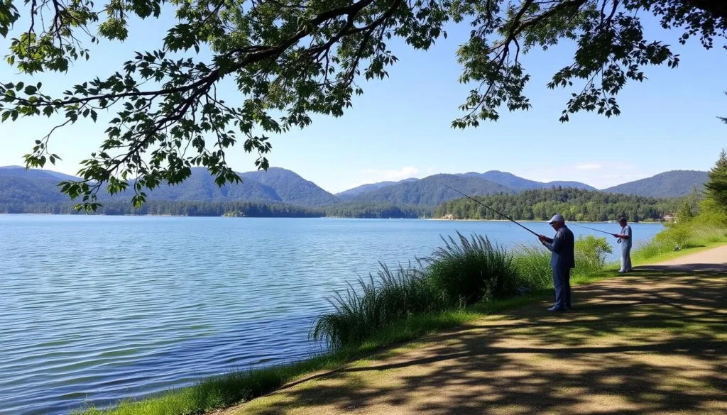 West Lake Reservoir with fishermen on the shore