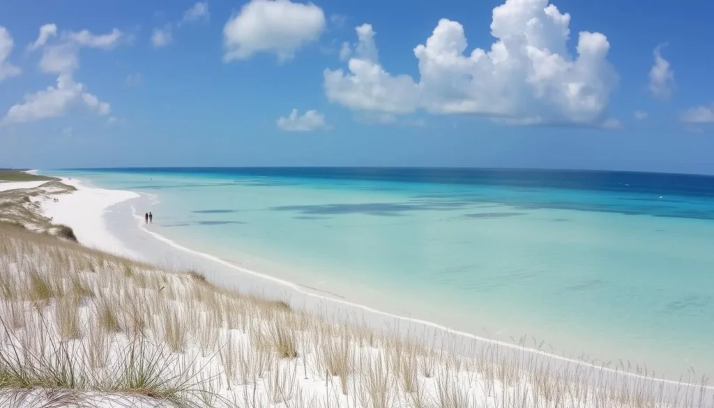 White sand beach at St. George Island State Park with clear blue water and natural dunes White sand beach at St. George Island State Park with clear blue water and natural dunes